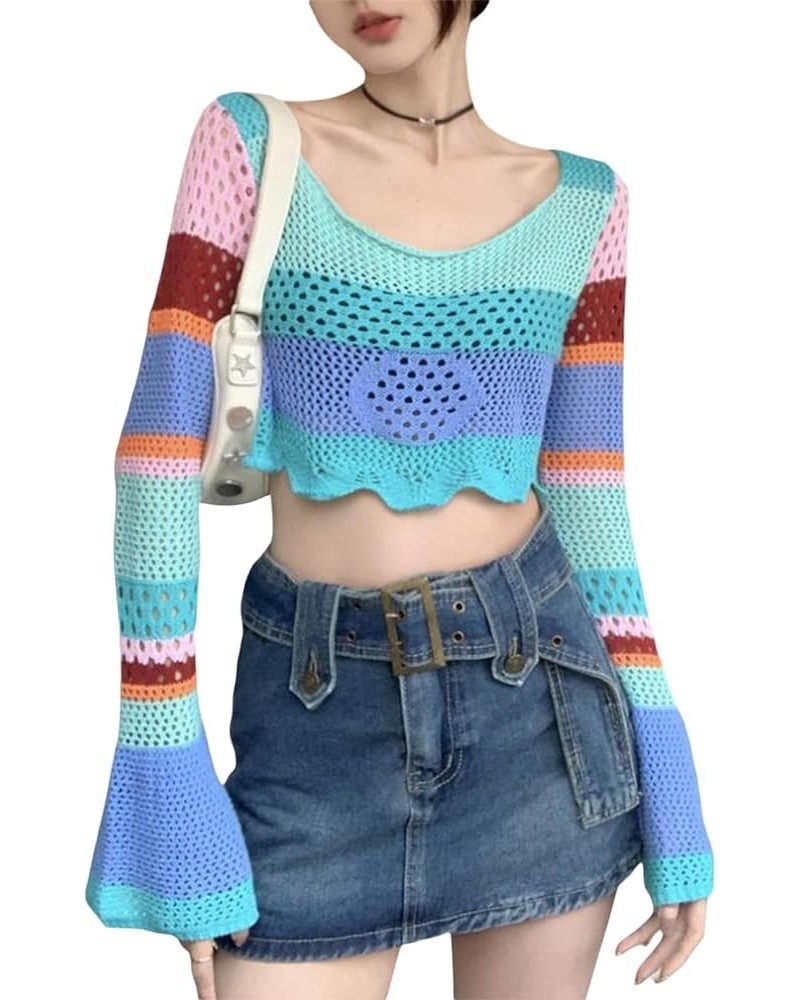 Women Long Sleeve Knit Crochet Sweater Tops Hollow Out Pullover Loose Fit Jumper Tops Beach Cover Ups Colorful $10.39 Sweaters