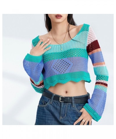 Women Long Sleeve Knit Crochet Sweater Tops Hollow Out Pullover Loose Fit Jumper Tops Beach Cover Ups Colorful $10.39 Sweaters