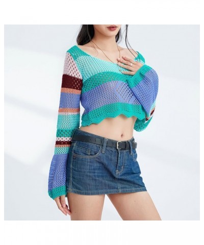 Women Long Sleeve Knit Crochet Sweater Tops Hollow Out Pullover Loose Fit Jumper Tops Beach Cover Ups Colorful $10.39 Sweaters