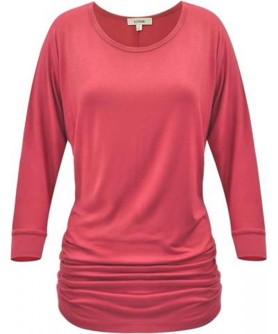 Women's 3/4 Sleeve Round Neck Side Shirring Dolman Drape Top XS to 6XL Size-Made in USA Coral $15.04 T-Shirts