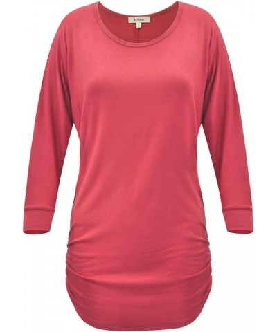 Women's 3/4 Sleeve Round Neck Side Shirring Dolman Drape Top XS to 6XL Size-Made in USA Coral $15.04 T-Shirts