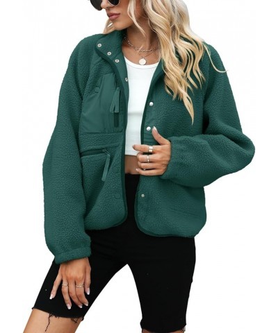 Womens Fleece Jacket Fuzzy Long Sleeve Short Coats Button Down Sherpa Outerwear With Pockets Dark Green $26.94 Jackets