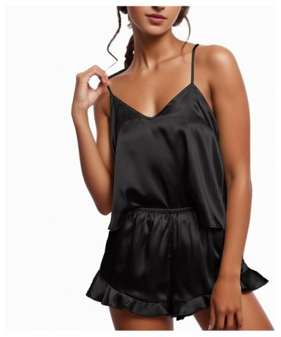 Women's Sexy Silk Satin Ruffled Pajamas Sets Cami Shorts Sets Sleepwear Sleep Pjs Two-Piece Nightwear Lounge Sets Black $3.93...