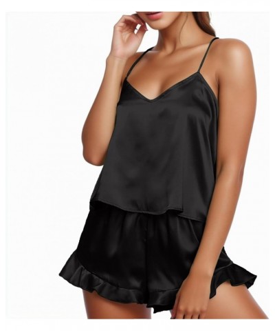 Women's Sexy Silk Satin Ruffled Pajamas Sets Cami Shorts Sets Sleepwear Sleep Pjs Two-Piece Nightwear Lounge Sets Black $3.93...