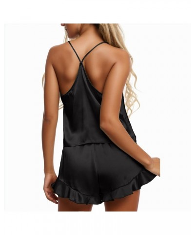 Women's Sexy Silk Satin Ruffled Pajamas Sets Cami Shorts Sets Sleepwear Sleep Pjs Two-Piece Nightwear Lounge Sets Black $3.93...