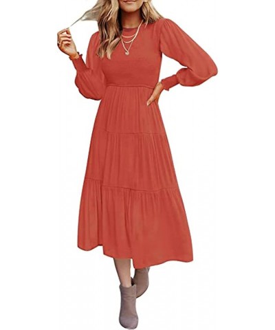 Women's Long Sleeve Elastic Bust Crew Neck Print Casual Flowy Summer Fall Midi Dresses 3 Dark Pink $27.83 Dresses