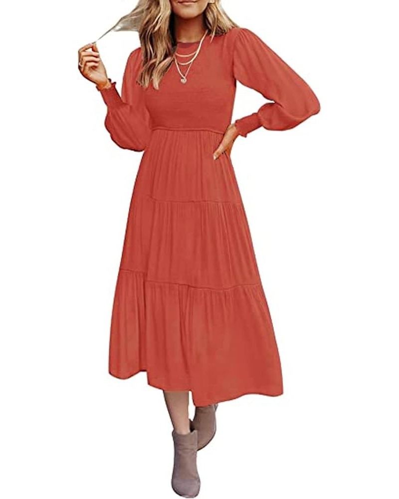 Women's Long Sleeve Elastic Bust Crew Neck Print Casual Flowy Summer Fall Midi Dresses 3 Dark Pink $27.83 Dresses