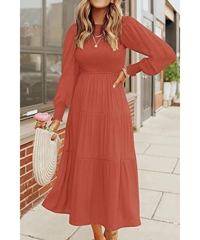 Women's Long Sleeve Elastic Bust Crew Neck Print Casual Flowy Summer Fall Midi Dresses 3 Dark Pink $27.83 Dresses