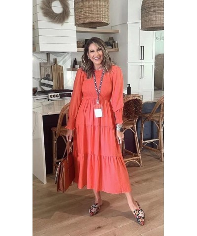 Women's Long Sleeve Elastic Bust Crew Neck Print Casual Flowy Summer Fall Midi Dresses 3 Dark Pink $27.83 Dresses