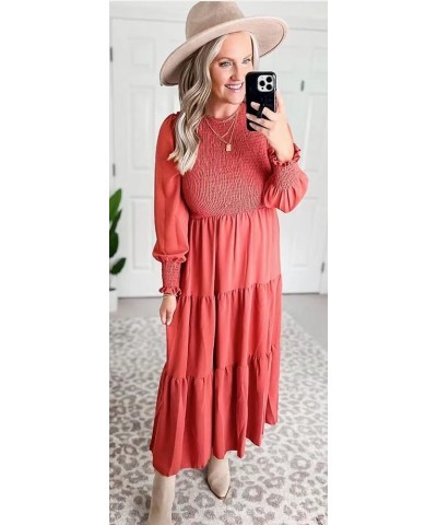 Women's Long Sleeve Elastic Bust Crew Neck Print Casual Flowy Summer Fall Midi Dresses 3 Dark Pink $27.83 Dresses