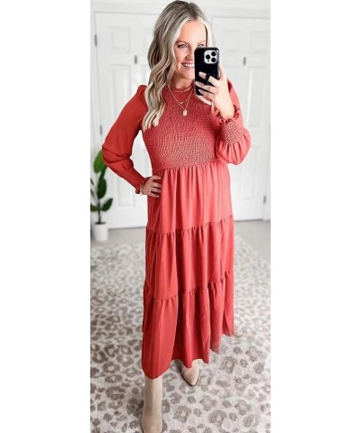 Women's Long Sleeve Elastic Bust Crew Neck Print Casual Flowy Summer Fall Midi Dresses 3 Dark Pink $27.83 Dresses