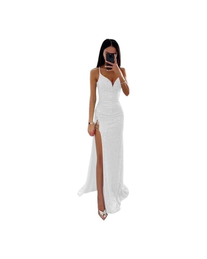Women's Spaghetti Straps Mermaid Prom Dresses V Neck Sequin Formal Evening Party Gowns with Slit PU123 White $34.79 Dresses