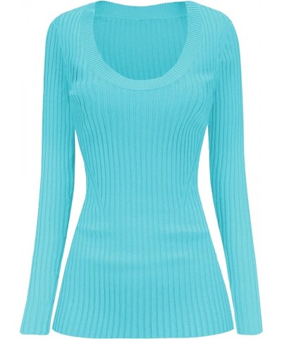 Women Scoop Neck U-Neck Knit Long Sleeve Slim Fit Ribbed Sweater Tops U-neck Lakeblue $17.58 Sweaters