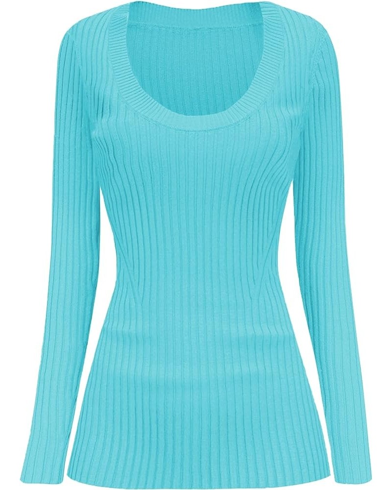 Women Scoop Neck U-Neck Knit Long Sleeve Slim Fit Ribbed Sweater Tops U-neck Lakeblue $17.58 Sweaters