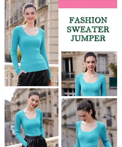 Women Scoop Neck U-Neck Knit Long Sleeve Slim Fit Ribbed Sweater Tops U-neck Lakeblue $17.58 Sweaters