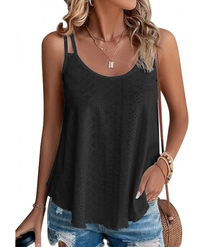 Women's Tank Tops Eyelet Embroidery Sleeveless Spaghetti Strap Tops Scoop Neck Sexy Loose Fit Casual Summer Black $10.79 Tanks