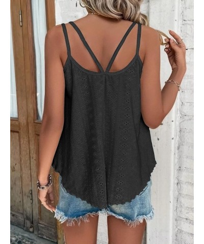 Women's Tank Tops Eyelet Embroidery Sleeveless Spaghetti Strap Tops Scoop Neck Sexy Loose Fit Casual Summer Black $10.79 Tanks