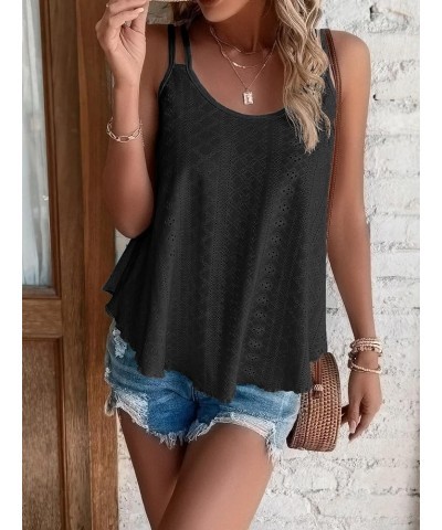 Women's Tank Tops Eyelet Embroidery Sleeveless Spaghetti Strap Tops Scoop Neck Sexy Loose Fit Casual Summer Black $10.79 Tanks