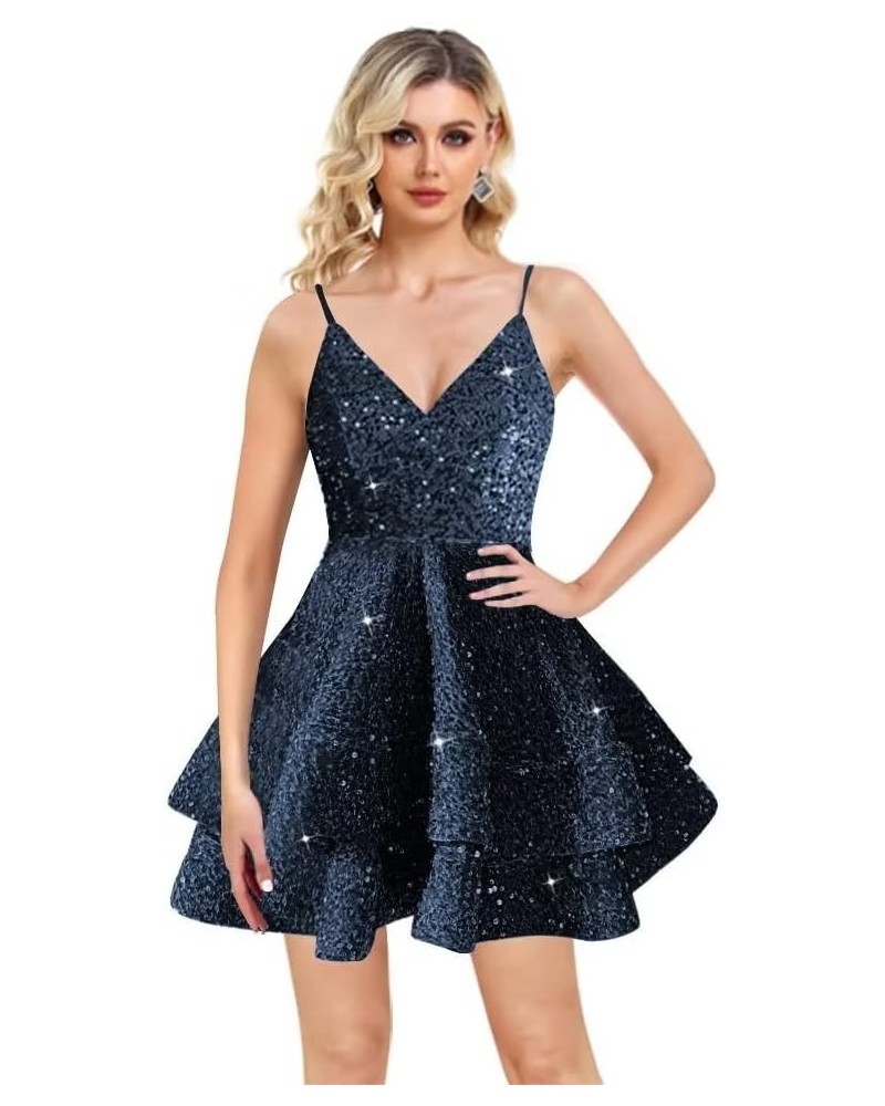 Spaghetti Straps Sequin Homecoming Dresses for Teens V Neck Layered Short Sparkly Evening Party Dress 2023 Navy Blue $41.25 D...