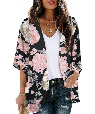 Women's Short Sleeve Floral Kimono Cardigan Chiffon Loose Beach Wear Cover Up Tops 1-black-9010 $12.75 Swimsuits