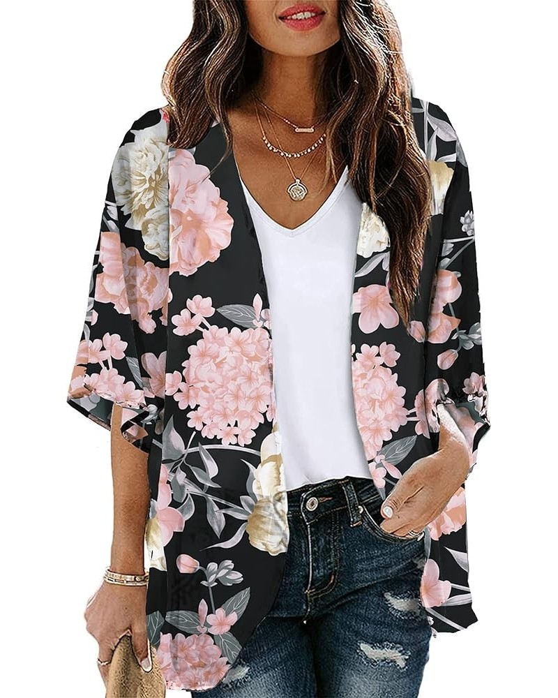 Women's Short Sleeve Floral Kimono Cardigan Chiffon Loose Beach Wear Cover Up Tops 1-black-9010 $12.75 Swimsuits