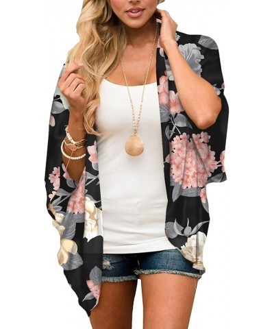 Women's Short Sleeve Floral Kimono Cardigan Chiffon Loose Beach Wear Cover Up Tops 1-black-9010 $12.75 Swimsuits