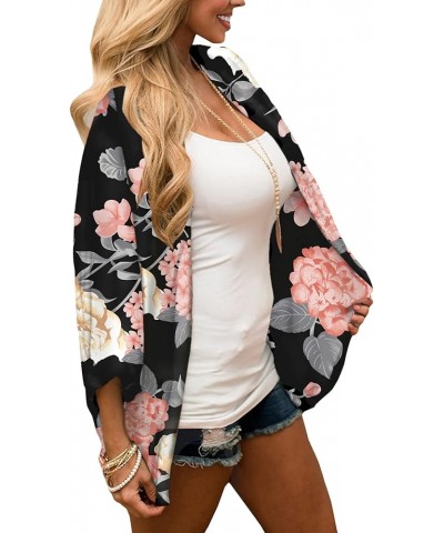 Women's Short Sleeve Floral Kimono Cardigan Chiffon Loose Beach Wear Cover Up Tops 1-black-9010 $12.75 Swimsuits