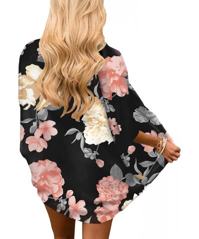 Women's Short Sleeve Floral Kimono Cardigan Chiffon Loose Beach Wear Cover Up Tops 1-black-9010 $12.75 Swimsuits