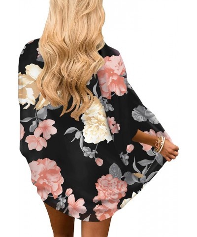 Women's Short Sleeve Floral Kimono Cardigan Chiffon Loose Beach Wear Cover Up Tops 1-black-9010 $12.75 Swimsuits