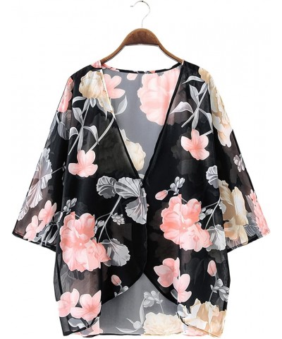 Women's Short Sleeve Floral Kimono Cardigan Chiffon Loose Beach Wear Cover Up Tops 1-black-9010 $12.75 Swimsuits