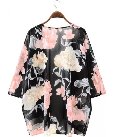 Women's Short Sleeve Floral Kimono Cardigan Chiffon Loose Beach Wear Cover Up Tops 1-black-9010 $12.75 Swimsuits