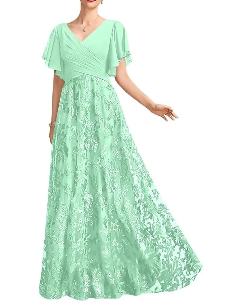 Sparkly Sequin Lace Mother of The Bride Dresses with Sleeves Long Pleated V-Neck Formal Dress with Appliques Mint $41.65 Dresses