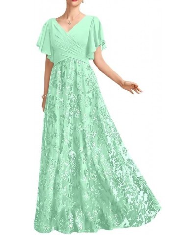 Sparkly Sequin Lace Mother of The Bride Dresses with Sleeves Long Pleated V-Neck Formal Dress with Appliques Mint $41.65 Dresses