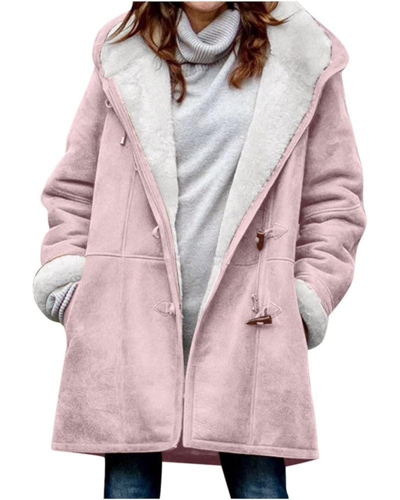 Winter Coats For Women Fluffy Sherpa Casual Fashion Loose Solid Color Hat Plus Fleece Collar Pocket Jacket Winter Pink $19.71...