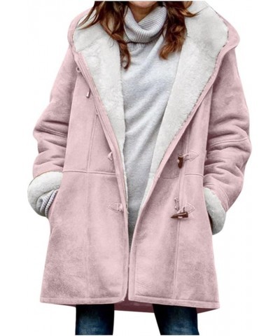 Winter Coats For Women Fluffy Sherpa Casual Fashion Loose Solid Color Hat Plus Fleece Collar Pocket Jacket Winter Pink $19.71...