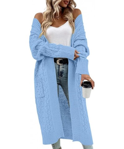 Womens Long Cardigan Cable Knit Open Front Long Sleeve Sweater Coats with Pockets Light Blue $10.25 Sweaters