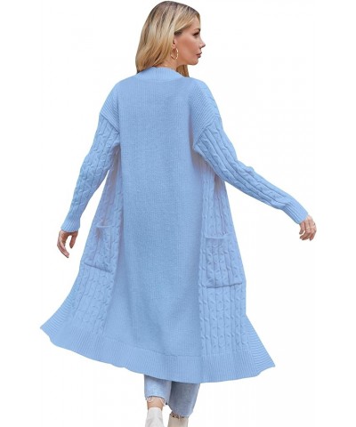 Womens Long Cardigan Cable Knit Open Front Long Sleeve Sweater Coats with Pockets Light Blue $10.25 Sweaters