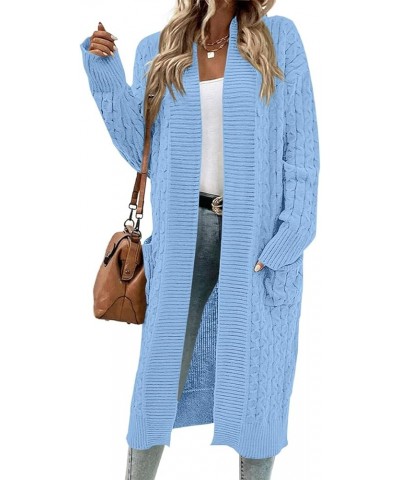 Womens Long Cardigan Cable Knit Open Front Long Sleeve Sweater Coats with Pockets Light Blue $10.25 Sweaters