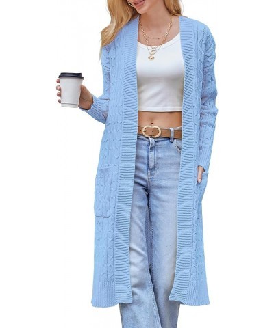 Womens Long Cardigan Cable Knit Open Front Long Sleeve Sweater Coats with Pockets Light Blue $10.25 Sweaters