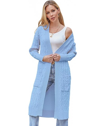 Womens Long Cardigan Cable Knit Open Front Long Sleeve Sweater Coats with Pockets Light Blue $10.25 Sweaters