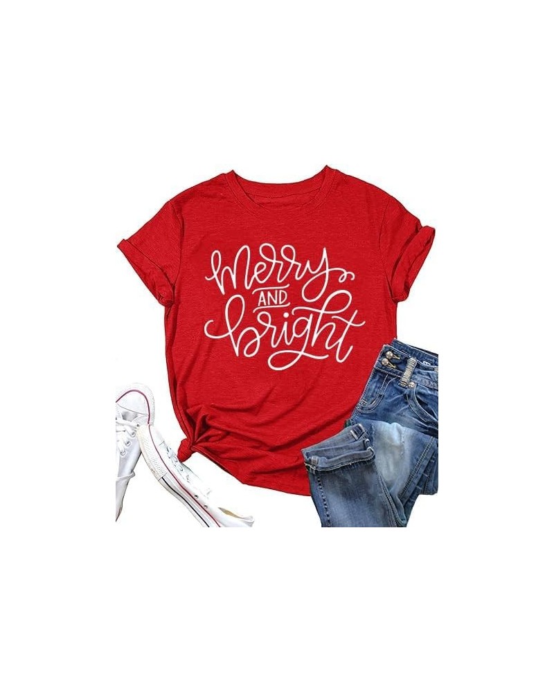 Christmas Shirts for Women Merry and Bright Letter Graphic Shirts Funny Printing Christmas Tops Mbt-01rd $10.33 T-Shirts