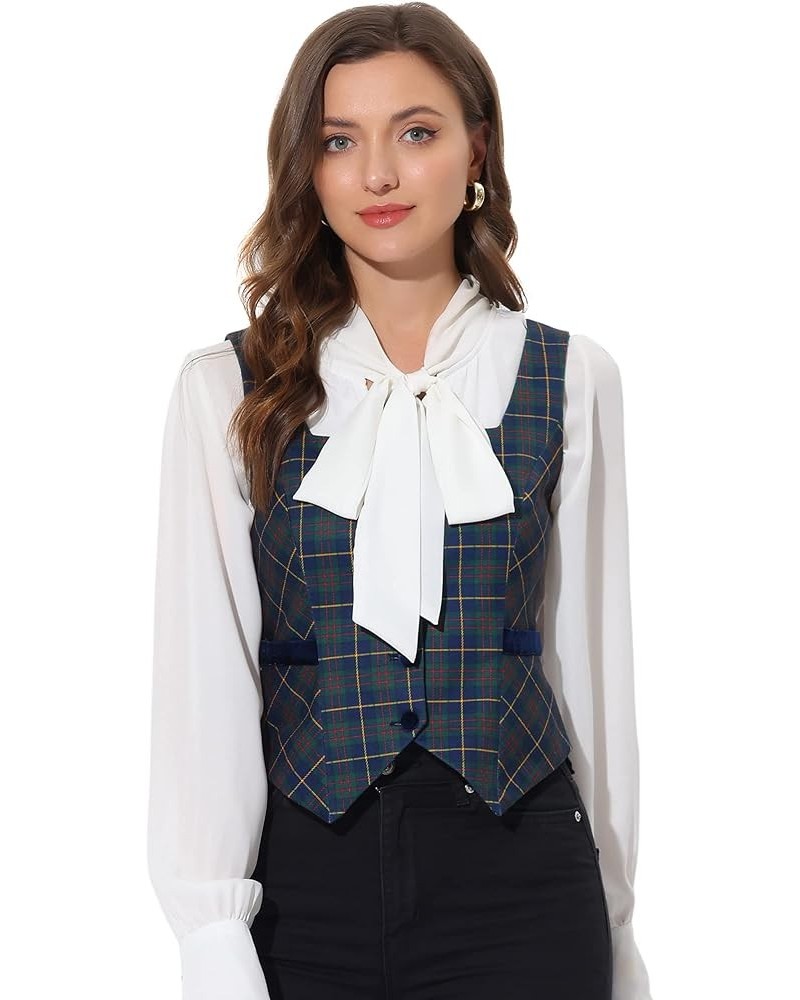 Women's Square Neck Christmas Single Breasted Sleeveless Vintage Plaid Waistcoat Vest Green $15.48 Vests