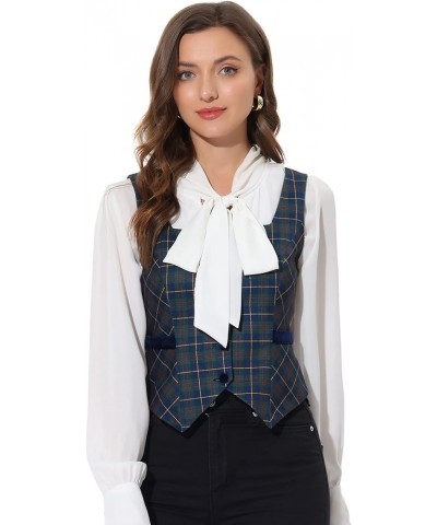 Women's Square Neck Christmas Single Breasted Sleeveless Vintage Plaid Waistcoat Vest Green $15.48 Vests