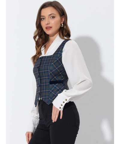 Women's Square Neck Christmas Single Breasted Sleeveless Vintage Plaid Waistcoat Vest Green $15.48 Vests