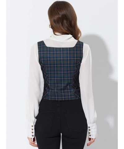 Women's Square Neck Christmas Single Breasted Sleeveless Vintage Plaid Waistcoat Vest Green $15.48 Vests