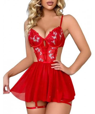 Lingerie for Women Sexy Naughty Women's Floral Embroidery Mesh Split Cut Out Babydoll Lingerie Slip Dress Red $6.93 Underwear