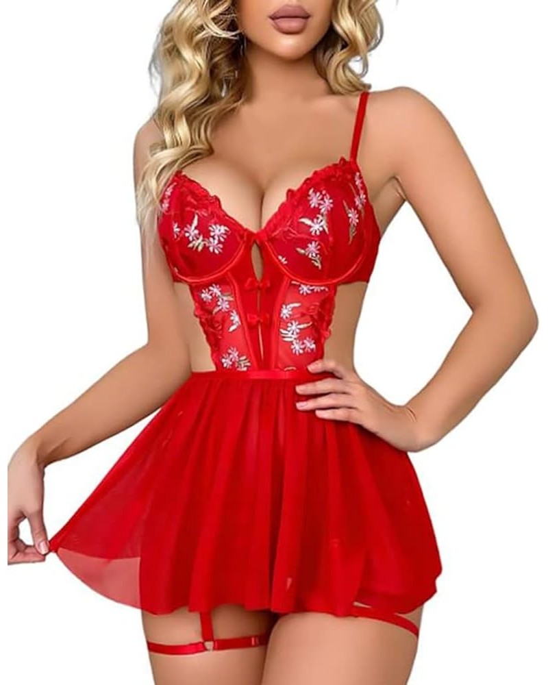 Lingerie for Women Sexy Naughty Women's Floral Embroidery Mesh Split Cut Out Babydoll Lingerie Slip Dress Red $6.93 Underwear