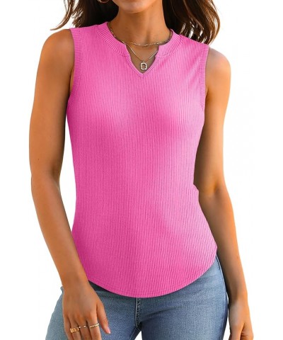 Women's Ribbed Fitted Tank Tops 2024 V Neck Curved Hem Sleeveless Shirts Casual Basic A05-hotpink $8.57 Tanks
