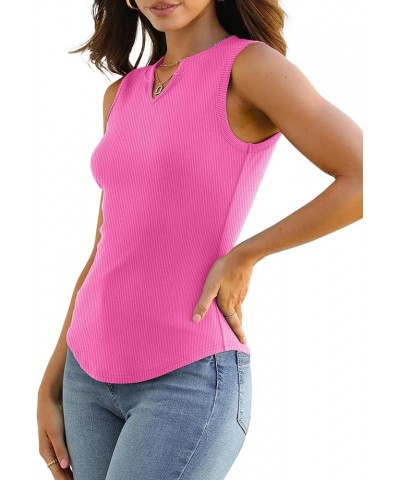 Women's Ribbed Fitted Tank Tops 2024 V Neck Curved Hem Sleeveless Shirts Casual Basic A05-hotpink $8.57 Tanks