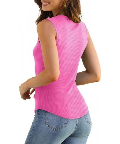 Women's Ribbed Fitted Tank Tops 2024 V Neck Curved Hem Sleeveless Shirts Casual Basic A05-hotpink $8.57 Tanks